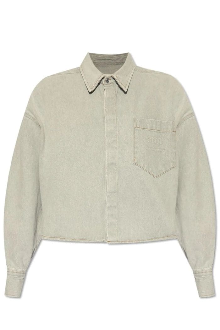 AMI Paris Logo Embossed Cropped Denim Shirt