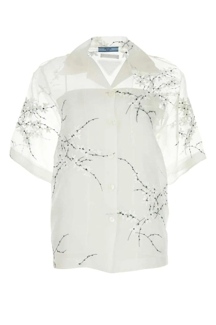 Prada Floral-Embroidered Drop Shoulder Sheer Shirt