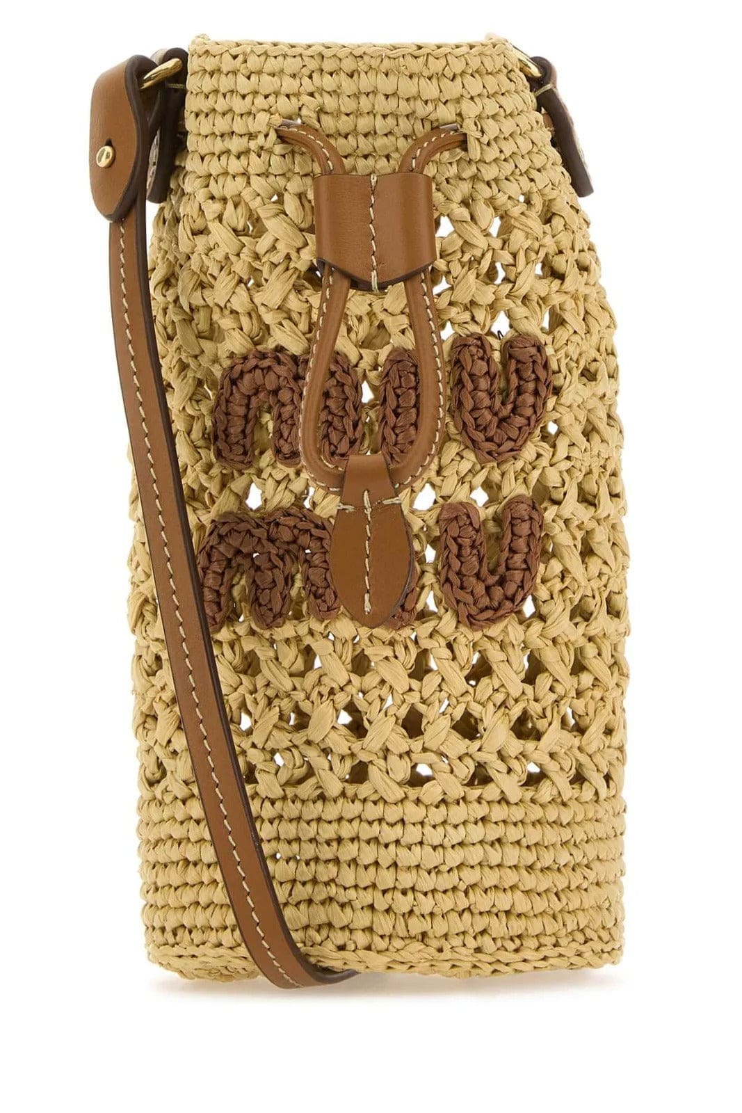 Miu Miu Logo Embroidered Drawstring Crochet Bucket Bag